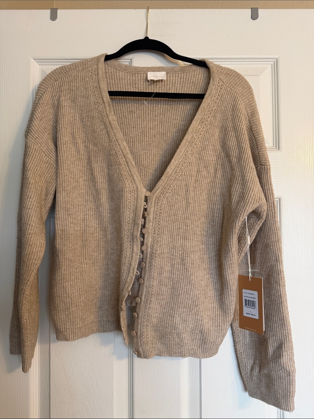 Cyrus Beige Ribbed Button-Front V-Neck Cardigan